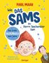 "PAUL MAAR, Wie DAS SAMS zu Herrn Taschenbier kam. Das erste BILDERBUCH vom Sams. Illustriert von Stephanie Stickel, Oetinger." Gelber Hintergrund mit dem Sams und einem Mann., Buch
