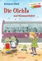 Erhard Dietl, Die Olchis auf Klassenfahrt. Zwei grüne Figuren vor einem Bus, ein Kind winkt. Logo: Lesestarter Oetinger., Buch