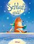 "Schlaft gut!" steht vor einem Mond. Ein Fuchs liest einem Entchen aus einem Buch vor; beide sitzen auf einem Hügel., Buch
