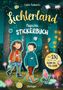 „Lichterland – Magisches Stickerbuch“, „Über 150 Sticker plus Glow-in-the-dark“. Zwei fröhliche Kinder im Wald., Buch