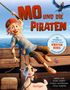 "MO UND DIE PIRATEN: DIE LEGENDE VOM ROTEN RUBIN. Kind mit Seil, fröhliches Gesicht, Ziege kaut auf Seil, blauer Vogel.", Buch
