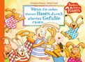 Text: "Wenn die sieben kleinen Hasen durch allerlei Gefühle rasen." Illustration von fröhlichen Hasen in bunten Kleidern., Buch