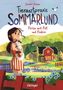 „Tierarztpraxis Sommarlund: Ferien mit Fell und Federn“ in bunter Schrift, darunter ein Mädchen mit Katze vor Landschaft., Buch