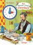 "Mein Pettersson und Findus Uhrenbuch", eine Illustration zeigt Pettersson mit Findus auf dem Schoß bei einer Tischszene mit Essen., Buch