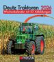 "Deutz Traktoren 2026. Wochenkalender mit 53 Abbildungen. Ein grüner Traktor fährt durch ein Maisfeld."