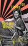 „Yan Lianke: Hart wie Wasser. Aus dem Chinesischen von Marc Hermann.“ Frau neben Bahngleisen, roter Sonnenstrahlenhintergrund., Buch