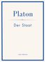 "Platon, Der Staat". Blaues Textlayout auf beigem Hintergrund. Unten steht "LIWI VERLAG". Schlichtes Design mit Rahmen., Buch