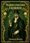„MARIO UND DER ZAUBERER“. Ein Mann im Frack mit Zylinder raucht eine Zigarette, umrahmt von gelben floralen Mustern., Buch