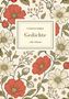 "Friedrich Hebbel Gedichte LIWI VERLAG" in einem Rahmen. Hintergrund: florales Muster mit roten und weißen Blüten., Buch