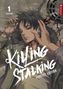 „Killing Stalking Perfect Edition“; Illustration eines Mannes mit Ketten, verletzt, dunkles Haar, im Hintergrund ein blutiger Boden., Buch