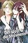 "Der Wolf & die Streunerin" steht unten. Zwei Anime-Charaktere, ein Mann mit grünen Haaren und eine Frau mit purpurroten Haaren., Buch