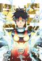 "Snow Ball Earth" und "Yuhiro Tsujitsugu". Ein Manga-Charakter mit dunklem Haar, umgeben von Blitzen, Nummer 9 sichtbar., Buch