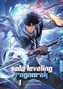 „Solo Leveling Ragnarok“ in fetter Schrift. Ein Mann mit schwarzem Haar und Schwert, umgeben von blauer Energie., Buch