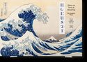 "Hokusai," "Thirty-six Views of Mount Fuji," "Sechsunddreißig Ansichten des Berges Fuji," "Trente-six vues du mont Fuji." Ein berühmtes Gemälde zeigt eine große Welle und den Berg Fuji., Buch