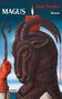 MAGUS, John Fowles, Roman. Illustration: Ziegenkopf mit brennender Kerze darauf und Hirtenstab in roter Hand., Buch