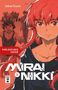 Text: "Vorläufiges Cover", "Mirai Nikki", "Sakae Esuno".  
Illustration: Manga-Figuren, großer Fokus auf Mädchen mit roten Haaren., Buch