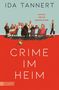 Buchtitel "Crime im Heim" in weiß auf rotem Hintergrund. Ältere Personen sitzen um einen Tisch, ein Mops steht davor., Buch