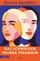 Titel: „Das Schweigen meiner Freundin“. Zwei abstrakte, farbig überlagerte Frauengesichter., Buch