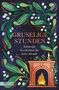 „GRUSELIGE STUNDEN: Schaurige Geschichten für kalte Abende“. Illustration mit Kamin, Kerze und grünen Zweigen.