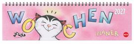 "WOCHE" und "2027" in großen Buchstaben, darunter "PLANER". Eine lächelnde Katze mit rosa Hintergrund., Kalender
