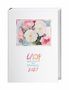"LADY Tagebuch und Kalender 2027" in bunten Buchstaben, darauf ein Gemälde mit Rosen in Rosa und Weiß., Buch