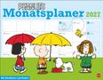 „PEANUTS Monatsplaner 2027“, Kalenderblatt, Comicfiguren mit Regenmänteln und Schirm, Vogel fliegt, Hund mit Futternapf., Kalender