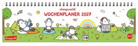 Oben steht "WOCHEWOCHE WOCHENPLANER 2027" in Rot. Illustration: Schafe in einem Park, eins liest Zeitung.