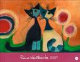 "Rosina Wachtmeister 2027" steht auf einem pinken Streifen. Zwei stilisierte Katzen vor orangenem Hintergrund mit runden Blumen.