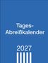 Tages-Abreißkalender 2027 in weißer Schrift auf blauem Hintergrund, darunter fünf weiße Streifen., Kalender