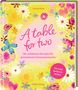 Buchtitel: "A table for two". Bunte Blumen und Schmetterlinge auf gelbem Hintergrund., Buch