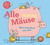 "Alle meine Mäuse. Mein erstes Buch vom Geld." Ein großes Sparschwein mit Mäusen und Münzen, blaue Hintergrundfarbe., Buch