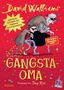 Titel "Gangsta-Oma" in gelber Schrift auf rotem Hintergrund. Illustration: Junge mit Oma als Diebe, umgeben von Sternen., Buch