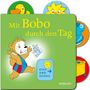 „Mit Bobo durch den Tag“ und „Zieh und schau“. Ein fröhlicher Bär, gelber Hintergrund, bunte Symbole an den Rändern., Buch