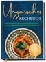 "Ungarisches Kochbuch" in Goldschrift, darunter ein Teller mit ungarischem Gericht, verziert mit Petersilie., Buch