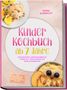 "Kindergarten-Kochbuch ab 7 Jahre" steht groß in Pink. Darunter das Bild von bunten Früchten und einer Eule aus Essen.