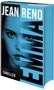 "JEAN RENO, EMMA, Lübbe, THRILLER" in Weiß auf Blau. Porträt einer Frau mit ernstem Blick im Hintergrund.