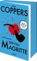 "Toni Coppers, Kriminalroman, Der Fall Magritte, Belgiens erfolgreichster Spannungsautor, Lübbe." Schwarze Pfeife, rote Spritzer.