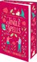 "Jingle Spells" Buchcover, rote Farbe, weihnachtliche Illustrationen, zwei Figuren, grüner Hut, Schneeflocken, Wachskerzen., Buch