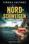 „NORDSCHWEIGEN“ in großen gelben Buchstaben, ein kleines schwedisches Flaggen-Logo, rotes Häuschen am Seeufer., Buch