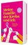 "Meine Familie, der Krebs und ich"; Hände halten ein lila Band, teils tätowiert, in lebhaften Farben gehalten., Buch