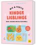 Text: "Kinder Lieblinge. Bunt, gesund und blitzschnell." Illustration: Fröhliche Lebensmittel auf rosa Hintergrund., Buch