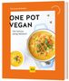 „ONE POT VEGAN: Viel Genuss, wenig Abwasch“. Eine illustrierte Buchabdeckung mit einem Gericht in einem blauen Topf., Buch