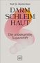 „Darm Schleim Haut“ in großen Buchstaben. Gelber Hintergrund. Autor in Anzug mit Fliege, lächelt freundlich., Buch