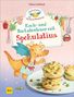 "Koch- und Backabenteuer mit Spekulatius" und ein lachender Drache in Schürze, Nudel-Muffins auf einem Teller., Buch