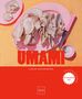 Buchcover mit dem Titel "UMAMI", Autor LUKAS GROSSMANN. Ein rosa Teller mit Pilzen auf einem gelben Karotuch.