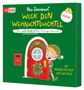 "Weck den Weihnachtswichtel" - Ein Weihnachts-Mitmachbuch. Illustration: Ein kleiner Elf vor einer roten Tür mit Kranz., CD