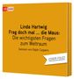 Text: "Linda Hartwig, Frag doch mal ... die Maus: Die wichtigsten Fragen zum Weltraum, Gelesen von Ralph Caspers, Cover folgt." Auf orangem Hintergrund mit einem cbj audio Logo oben links., CD