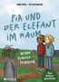 Titel: "Pia und der Elefant im Raum". Zwei Kinder stehen auf einem Friedhof, ein Grabstein und ein Fahrrad sind sichtbar., Buch