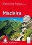 "70 Touren auf Europas »Blumeninsel« – die schönsten Levada- und Bergwanderungen. Madeira. Rother Wanderführer." 

Berglandschaft mit tiefgrünen Tälern und klaren Himmel. Logo mit Berg., Buch