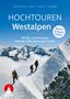 „HOCHTOUREN Westalpen. 90 Fels- und Eistouren zwischen Tödi und Grand Combin.“ Drei Bergsteiger auf schneebedecktem, schmalem Grat.